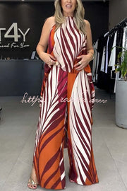 Printed High Low Halter Top & Wide Leg Pants Set