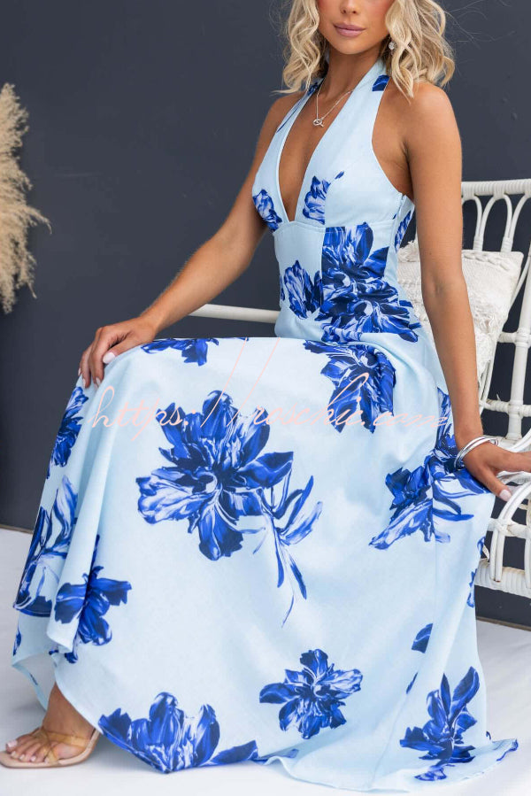 Floral Print Halter Neck Backless Maxi Dress