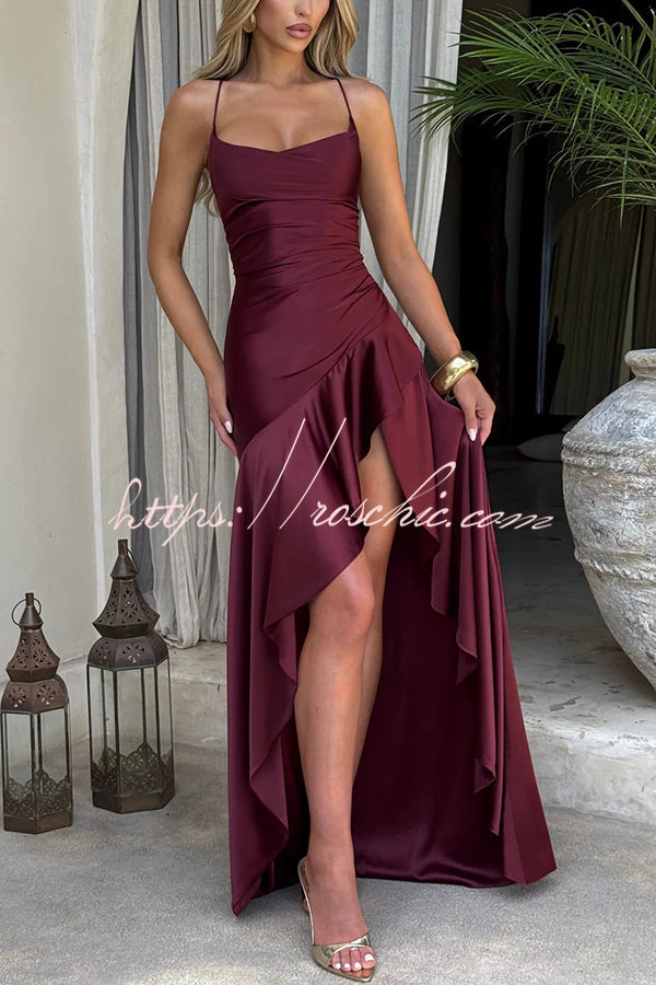 Backless Lace-Up Ruffle Maxi Dress – Spaghetti Strap