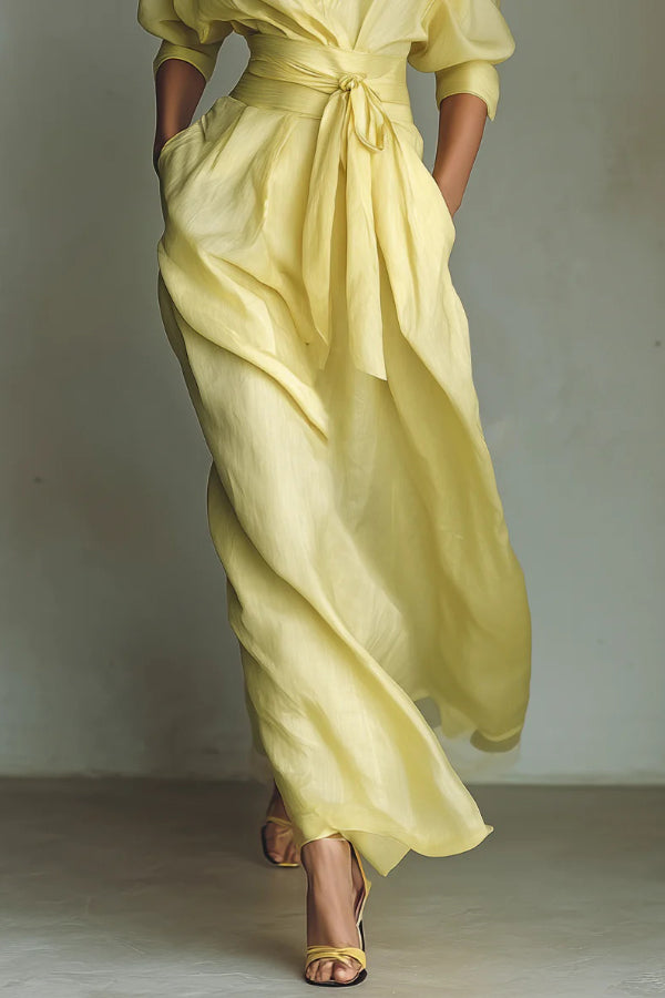Solid Color Lapel Maxi Dress with Pockets | Long Sleeve