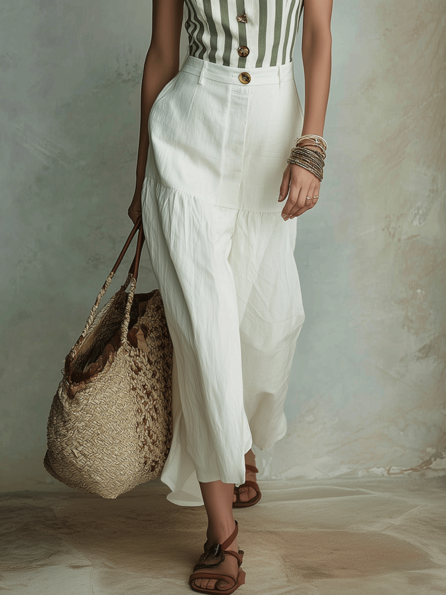 Striped Strapless Top & White Maxi Skirt Set | Boho