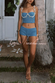 Crochet Knit Pearl Trim Sweetheart Crop Tank Top