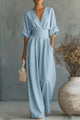 Wide-Leg Jumpsuit with V-Neck & Side Pockets