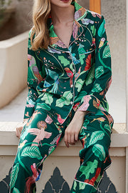 Green Parrot Print Long Sleeve Two-Piece Lounge Set