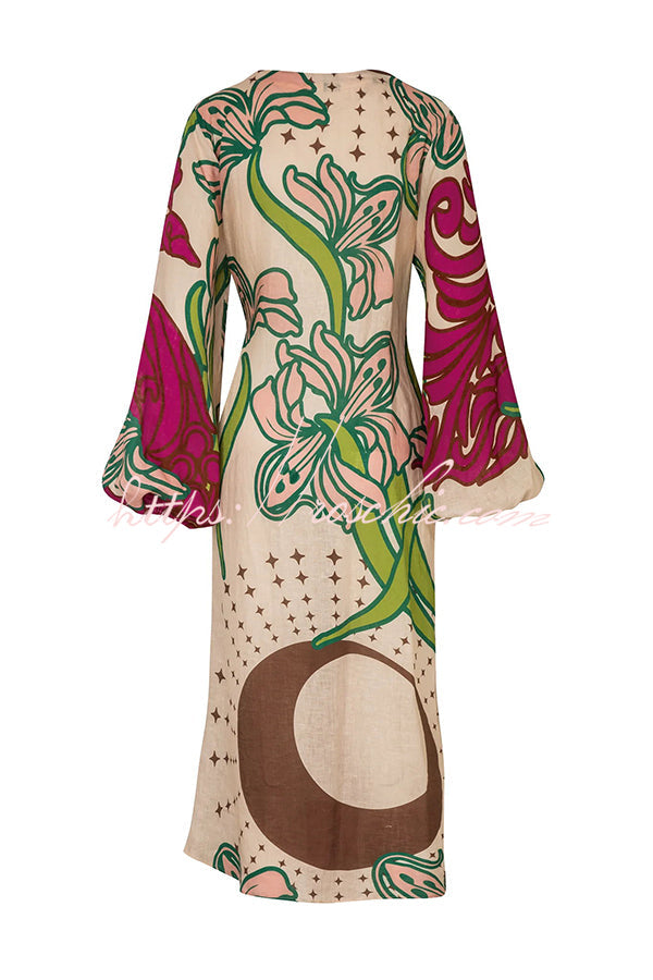Linen Blend Balloon Sleeve Tie-Up Maxi Dress | Unique Print