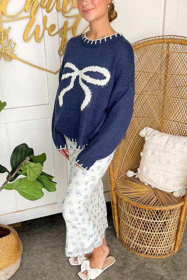 Pull en tricot avec nœud de Noël – Manches longues de couleur contrastée