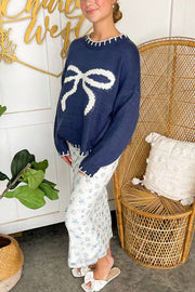 Pull en tricot avec nœud de Noël – Manches longues de couleur contrastée