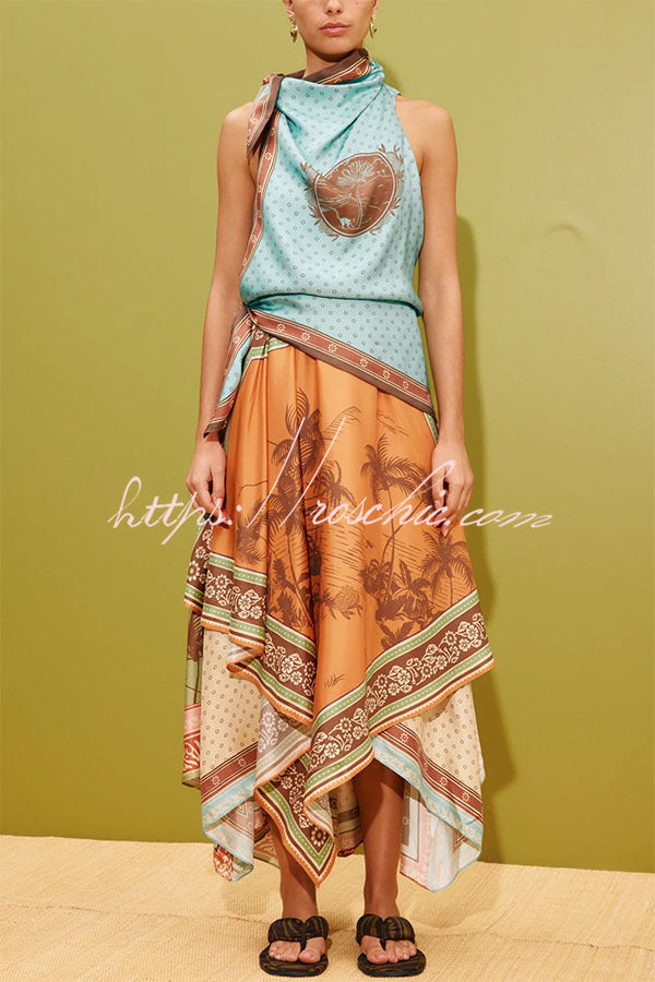 Satin Color-Block Print Tie Cowl Neck Midi Dress