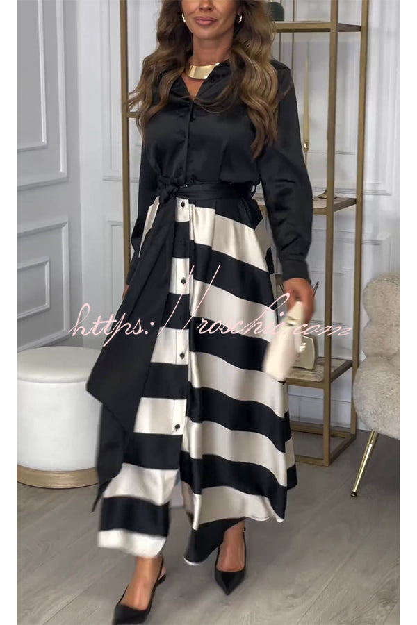 Satin Colorblock Long Sleeve Belted Maxi Shirt Dress