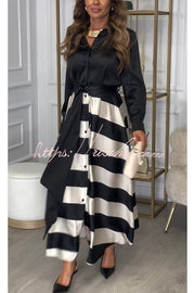 Satin Colorblock Long Sleeve Belted Maxi Shirt Dress