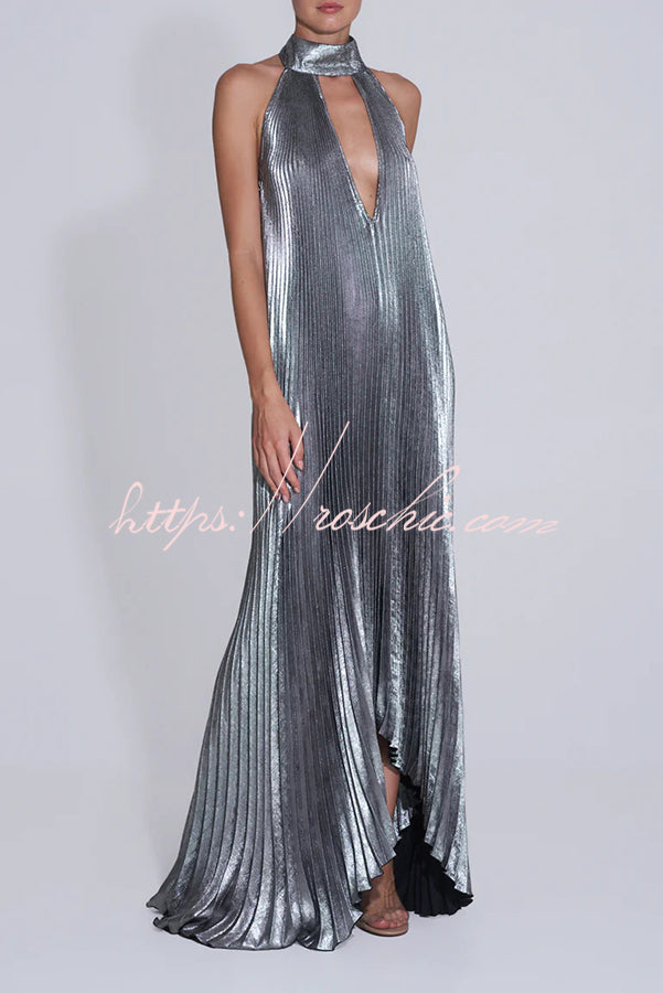 Metallic Pleated Halter Maxi Dress – Deep V-Neck