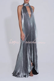 Metallic Pleated Halter Maxi Dress – Deep V-Neck