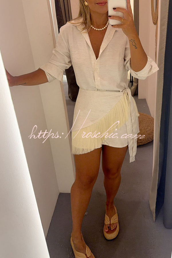 Linen Blend Blouse & Tassel Mini Dress Cover-Up Set