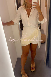 Linen Blend Blouse & Tassel Mini Dress Cover-Up Set