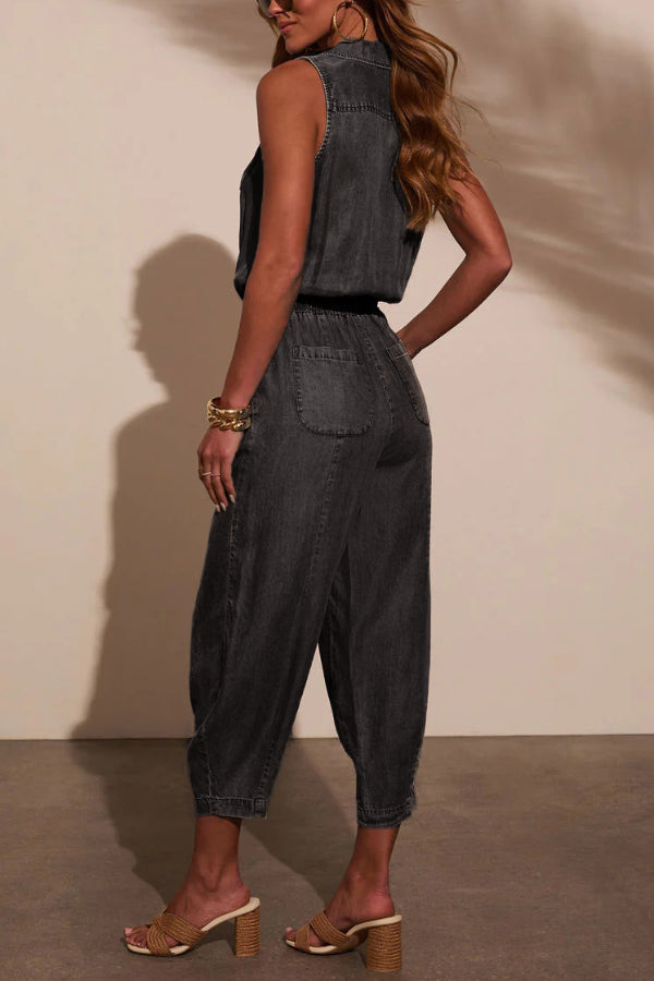 Women's Sleeveless Denim Jumpsuit with Elastic Waist & Pockets