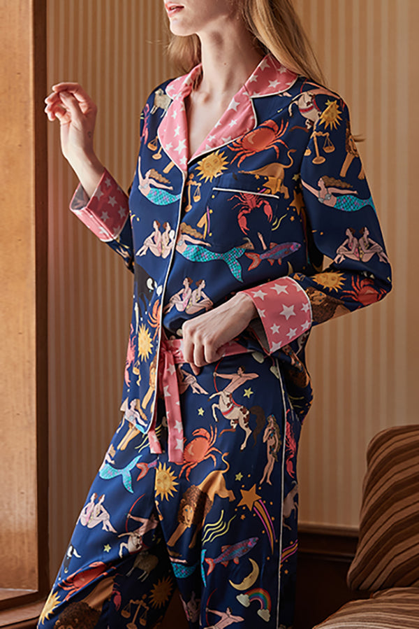Blue Constellation Print Long Sleeve Two-Piece Lounge Set