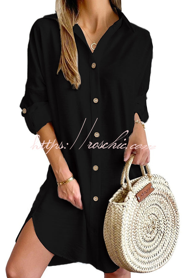 Solid Color Button-Down Mini Dress – Casual Loose Fit