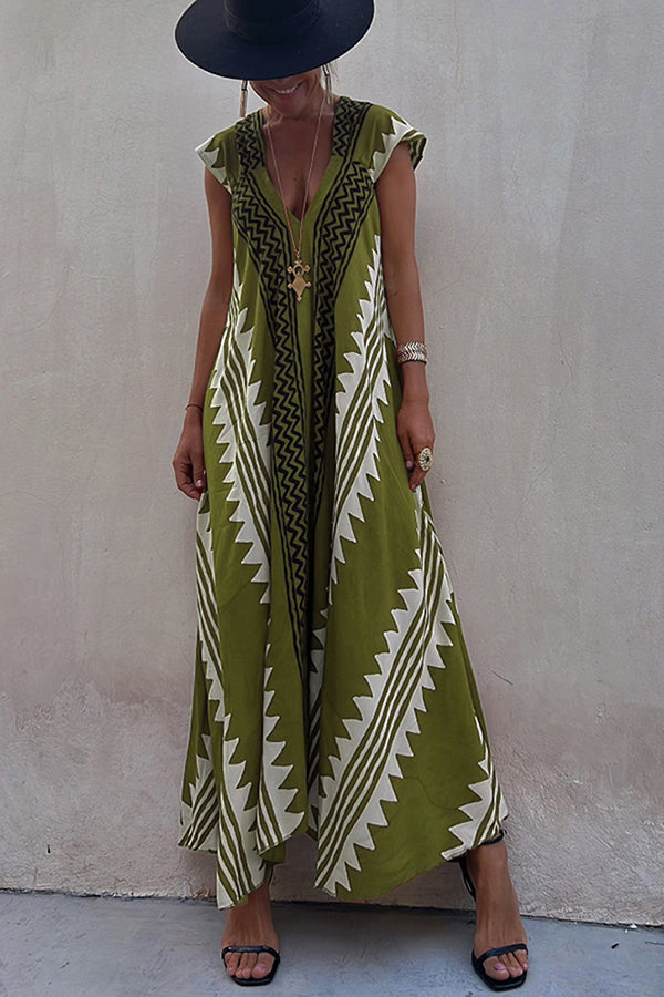Ethnic Print V-Neck Maxi Dress – Loose A-Line Vacation Dress