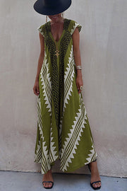 Ethnic Print V-Neck Maxi Dress – Loose A-Line Vacation Dress