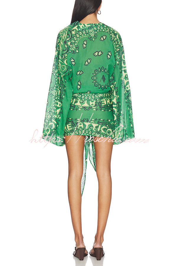 Linen Blend Ethnic Print Bell Sleeve Mini Wrap Dress