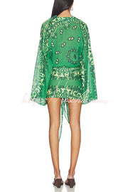 Linen Blend Ethnic Print Bell Sleeve Mini Wrap Dress