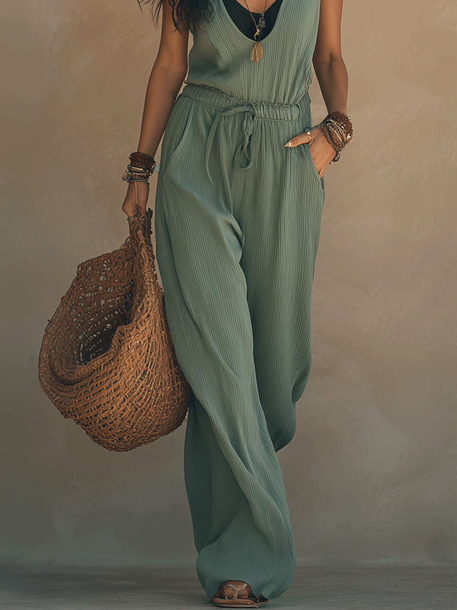 Sage Green Sleeveless Wide-Leg Jumpsuit with Drawstring Waist