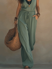 Sage Green Sleeveless Wide-Leg Jumpsuit with Drawstring Waist