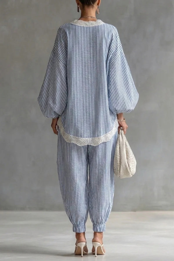 Striped V-Neck Lantern Sleeve Top & Wide-Leg Pants Set