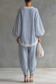 Striped V-Neck Lantern Sleeve Top & Wide-Leg Pants Set