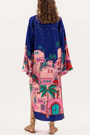 Satin Print Button-Up Kaftan Midi Dress with Long Sleeves