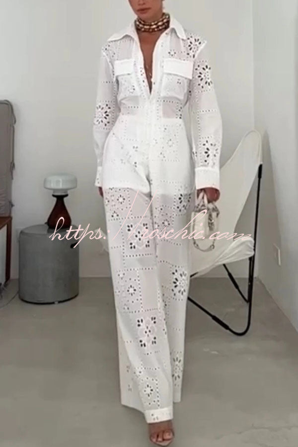 Embroidered Lace Long Sleeve Jumpsuit with Elastic Waist