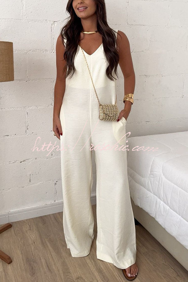 Linen Blend Wide-Leg Jumpsuit with V-Neck & Tie Waist