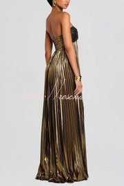 Metallic Pleated Off-Shoulder High Slit Maxi Dress