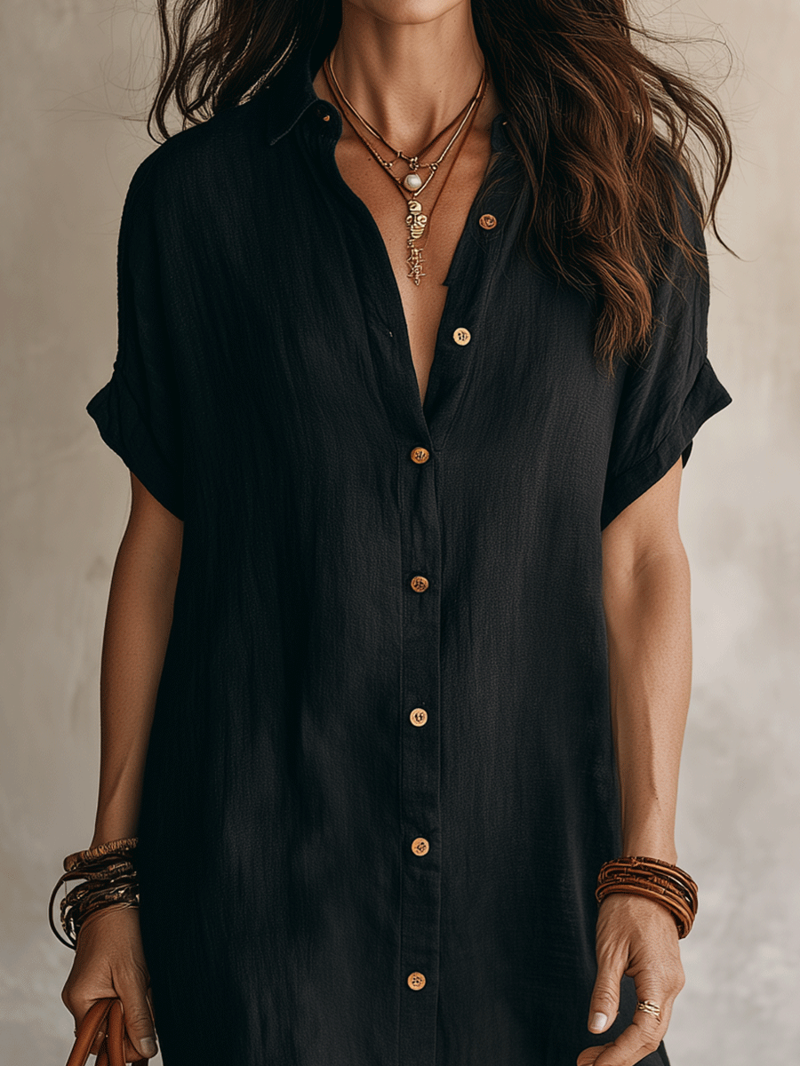 Black Linen Relaxed Midi Dress – Modern Boho Style