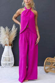Linen Blend Sleeveless Top & Wide Leg Pants Set