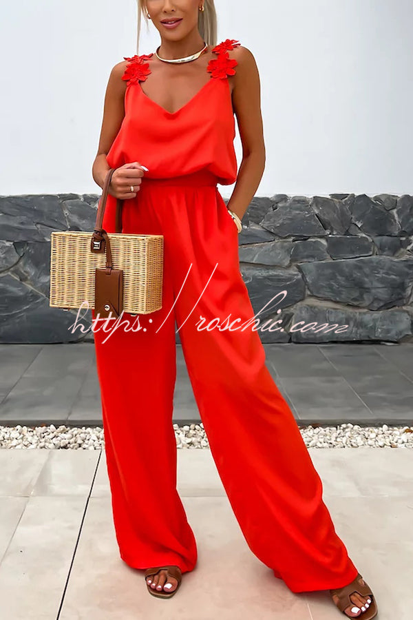 Embroidered Flower Sleeveless Jumpsuit – Loose V-Neck