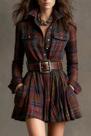 Plaid Print Mini Dress with Lapel & Long Sleeves