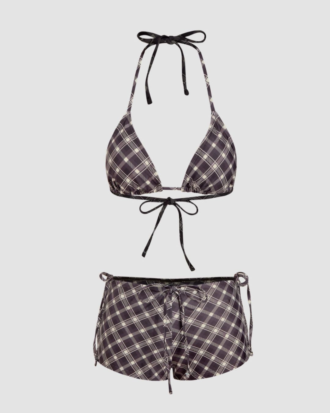 Halter Neckline Check Knotted Triangle Tieside Bikini Set with Coverup Shorts & Headscarf