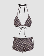 Halter Neckline Check Knotted Triangle Tieside Bikini Set with Coverup Shorts & Headscarf