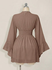 Gothic V-Neck Mini Dress - Long Sleeve Belted Fitted Dress