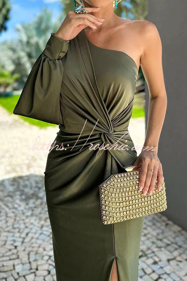 Satin One Shoulder Maxi Dress with Twist Detail & Slit