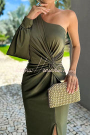 Satin One Shoulder Maxi Dress with Twist Detail & Slit