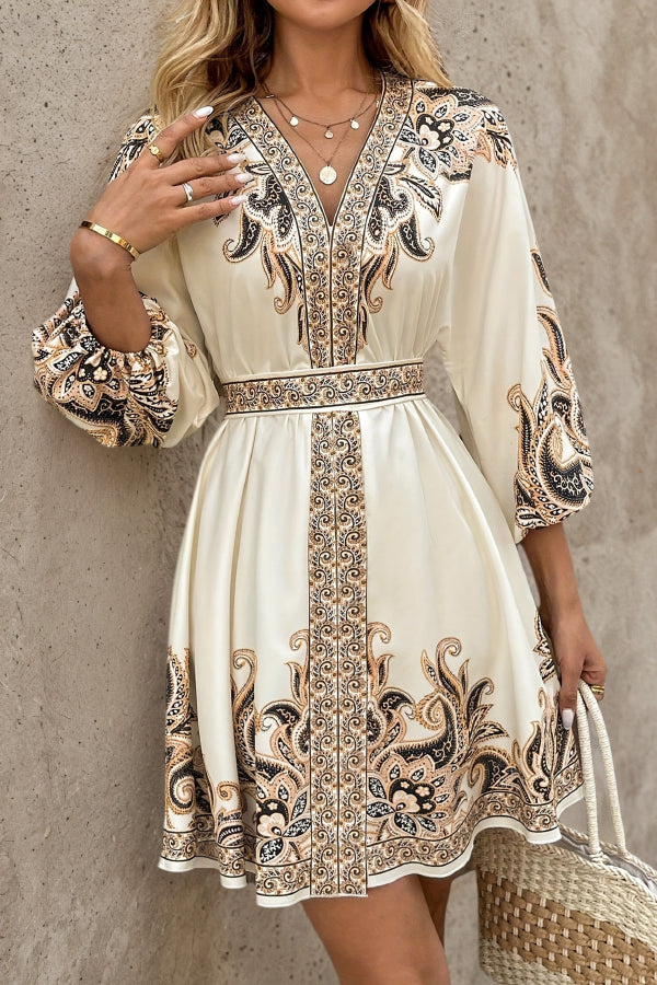 Printed V-Neck Lantern Sleeve Mini Dress with Waist Tie