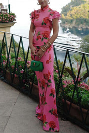 Rose Floral Print Cheongsam Maxi Dress with Tiered Sleeves