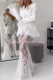 Lace Trim V-Neck Blazer with Pearl Buttons, Long Sleeve