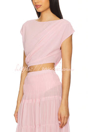 Chiffon Ruched Shoulder Crop Top | Short Sleeve Blouse