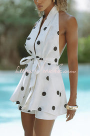 Linen Blend Polka Dot Halter Vest & Shorts Set with Belt