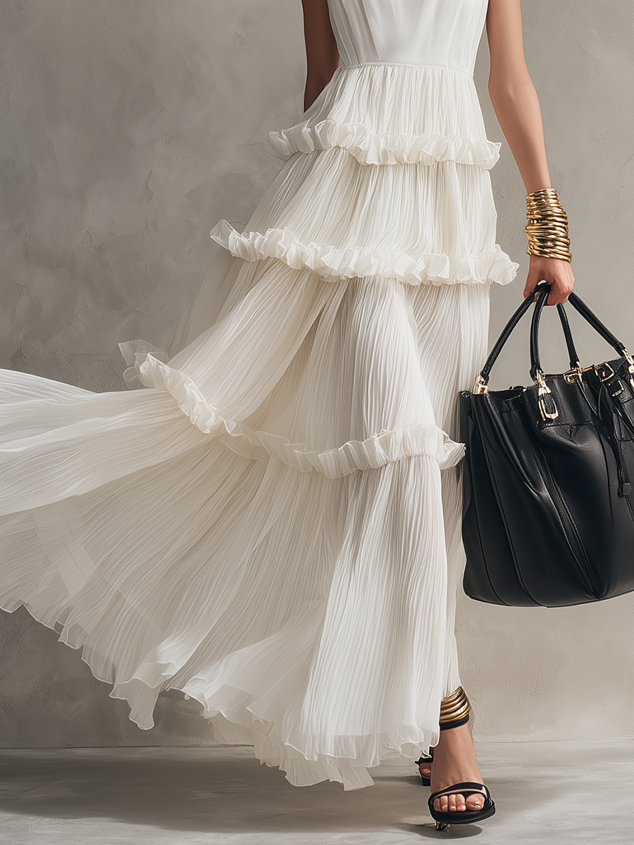 White Pleated Tiered Maxi Dress with U-Neckline