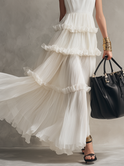 White Pleated Tiered Maxi Dress with U-Neckline