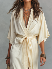 Ivory Tie-Waist Shirt Maxi Dress with Long Sleeves